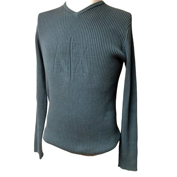 ARMANI EXCHANGE‎ Midnight Blue Ribbed Knit Logo V Neck Long Sleeve Sweater - Picture 6 of 11